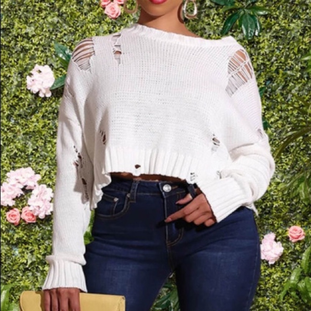 White Distressed Rib Knitted Soft Sexy Long Sleeve  Longer In Back Tunic Sweater